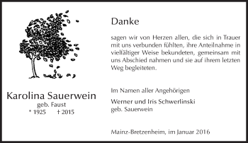 Traueranzeige von Karolina Sauerwein von  Allgemeine Zeitung Mainz