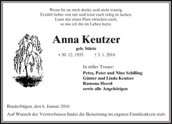 Traueranzeige von Anna Keutzer von  Kreisanzeiger