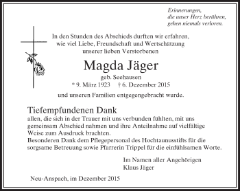 Traueranzeige von Magda Jäger von  Usinger Anzeiger