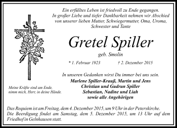 Traueranzeige von Gretel Spiller von  GT am Sonntag