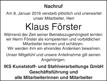 Traueranzeige von Klaus Förster von trauer.rmp.de
