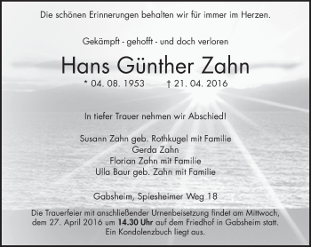 Traueranzeige von Hans Günther Zahn von  Allgemeine Zeitung Alzey