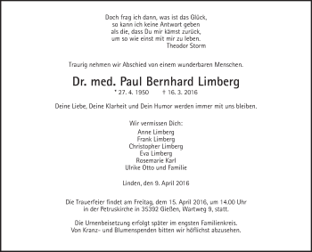 Traueranzeige von Paul Bernhard Limberg von  Gießener Anzeiger
