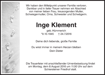 Traueranzeige von Inge Klement von Trauerportal Rhein Main Presse
