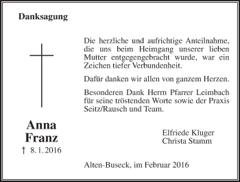 Traueranzeige von Anna Franz von  Busecker Anzeiger