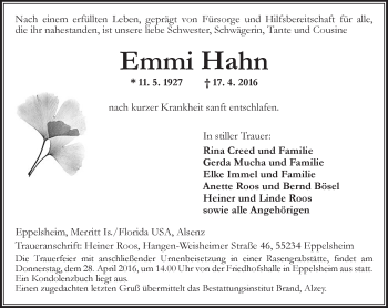 Traueranzeige von Emmi Hahn von  Allgemeine Zeitung Alzey