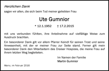 Traueranzeige von Ute Gumnior von  Allgemeine Zeitung Mainz