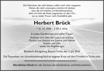 Traueranzeige von Herbert Brück von  Gießener Anzeiger