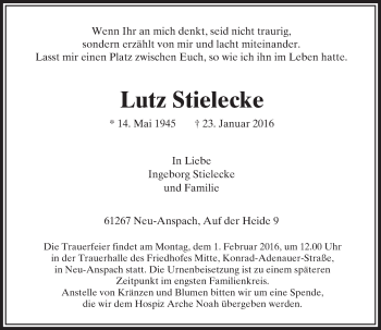 Traueranzeige von Lutz Stielecke von  Usinger Anzeiger