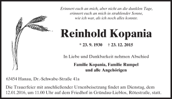 Traueranzeige von Reinhold Kopania von  Gelnhäuser Tageblatt