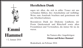 Traueranzeige von Emmi Hammel von  Sonntags Anzeiger