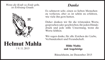 Traueranzeige von Helmut Mahla von  Mainspitze