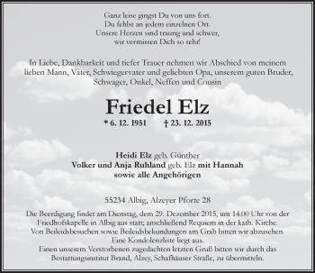 Traueranzeige von Friedel Elz von  Allgemeine Zeitung Alzey