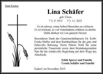 Traueranzeige von Lina Schäfer von  OK Oberhessen Kurier
