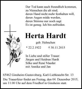 Traueranzeige von Herta Hardt von  Allgemeine Zeitung Mainz