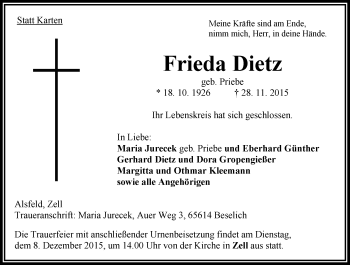 Traueranzeige von Frieda Dietz von VRM Trauer
