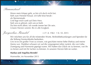 Traueranzeige von Jacqueline Brendel von  Allgemeine  Zeitung Ingelheim-Bingen