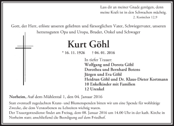 Traueranzeige von Kurt Göhl von  Allg. Zeitung Bad Kreuznach