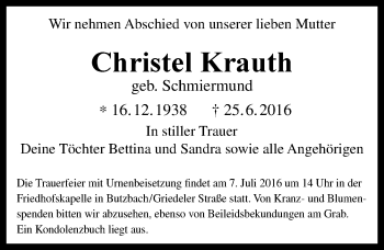 Traueranzeige von Christel Krauth von VRM Trauer
