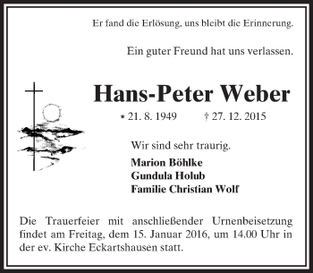 Traueranzeige von Hans-Peter Weber von  Kreisanzeiger