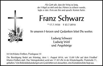 Traueranzeige von Franz Schwarz von Trauerportal Rhein Main Presse
