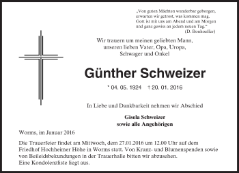 Traueranzeige von Günther Schweizer von  Wormser Zeitung
