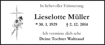 Traueranzeige von Lieselotte Müller von  Allgemeine Zeitung Mainz