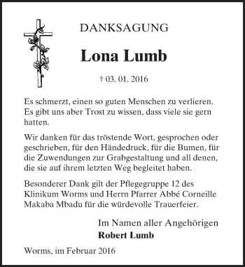 Traueranzeige von Lona Lumb von  Wormser Zeitung