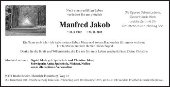Traueranzeige von Manfred Jakob von  Allgemeine Zeitung Mainz