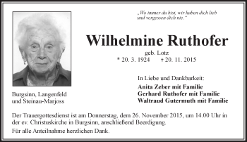 Traueranzeige von Wilhelmine Ruthofer von  Gelnhäuser Tageblatt