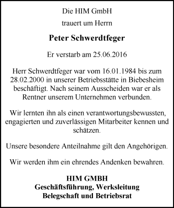 Traueranzeige von Peter Schwerdtfeger von Trauerportal Rhein Main Presse