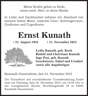 Traueranzeige von Ernst Kunath von  Kreisanzeiger