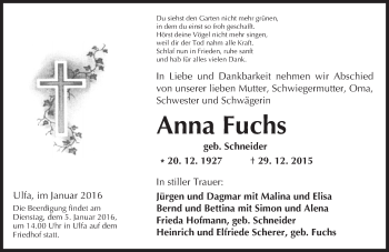 Traueranzeige von Anna Fuchs von  Kreisanzeiger