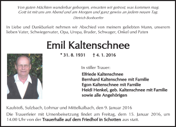 Traueranzeige von Emil Kaltenschnee von  Kreisanzeiger