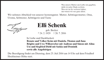 Traueranzeige von Elli Schenk von Trauerportal Rhein Main Presse