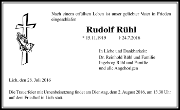 Traueranzeige von Rudolf Rühl von  Gießener Anzeiger