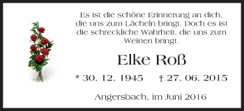 Traueranzeige von Elke Roß von VRM Trauer