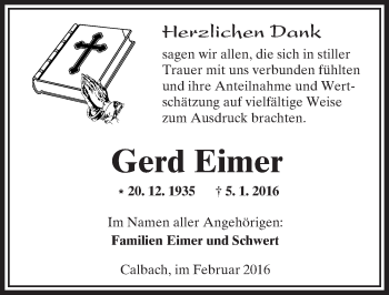 Traueranzeige von Gerd Eimer von  Sonntags Anzeiger