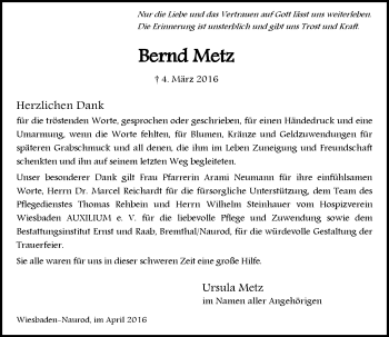 Traueranzeige von Bernd Metz von  Wiesbaden komplett