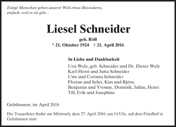 Traueranzeige von Liesel Schneider von  Gelnhäuser Tageblatt