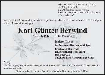Traueranzeige von Karl Günter Berwind von  Allgemeine Zeitung Alzey