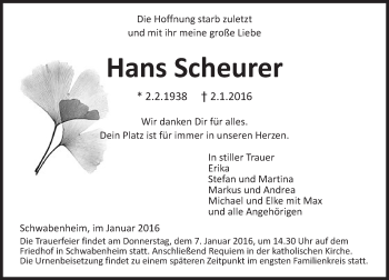 Traueranzeige von Hans Scheurer von  Allgemeine Zeitung Mainz