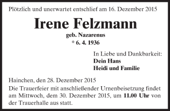 Traueranzeige von Irene Felzmann von  Kreisanzeiger