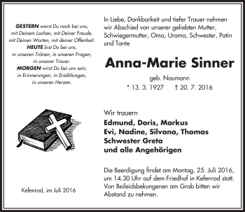 Traueranzeige von Anna-Marie Sinner von  Kreisanzeiger