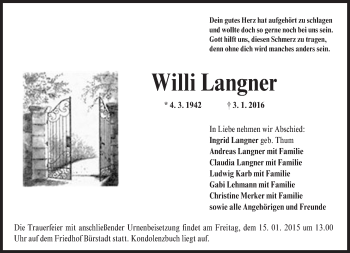 Traueranzeige von Willi Langner von  Bürstädter Zeitung