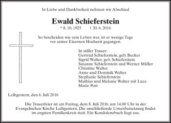 Traueranzeige von Ewald Schieferstein von  Gießener Anzeiger