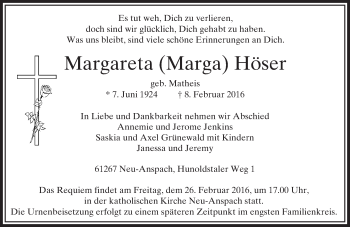 Traueranzeige von Margareta Höser von  Usinger Anzeiger