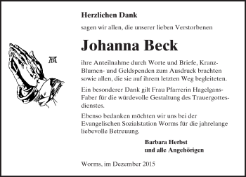 Traueranzeige von Johanna Beck von  Wormser Zeitung Traueranzeige von Johanna Beck von  Wormser Zeitung