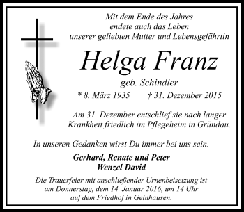 Traueranzeige von Helga Franz von  Gelnhäuser Tageblatt