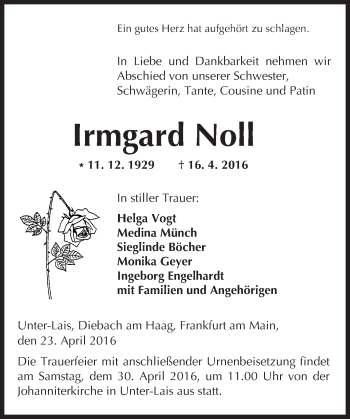 Traueranzeige von Irmgard Noll von  Kreisanzeiger